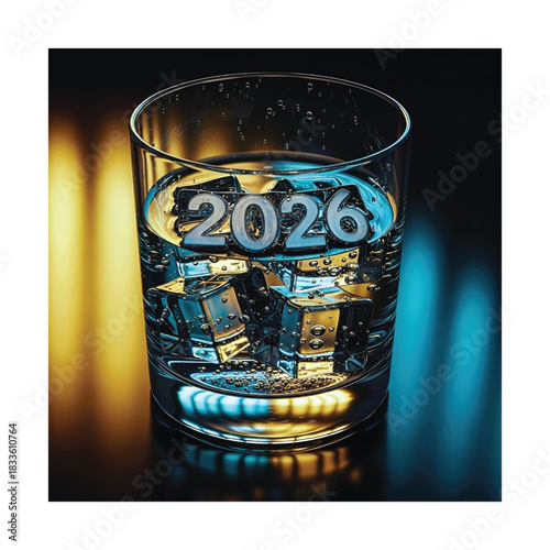 Year 2026 in Glass with Ice Cubes and Water - New Year Celebration Concept,
