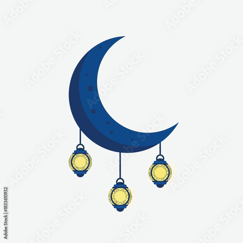 A dark blue crescent moon with three hanging yellow and blue lanterns, depicted in a flat illustration style, symbolizing cultural or religious festivities.