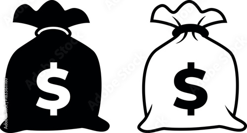 Two money bags with dollar signs one outline and one solid isolated on white background