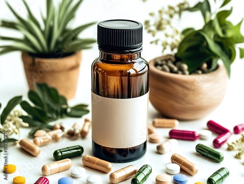 Bottle of natural medicine with empty label, surrounded by multivitamin dispensers and colorful pills on table. White background accented by wooden potted plants, creating a professional and inviting 