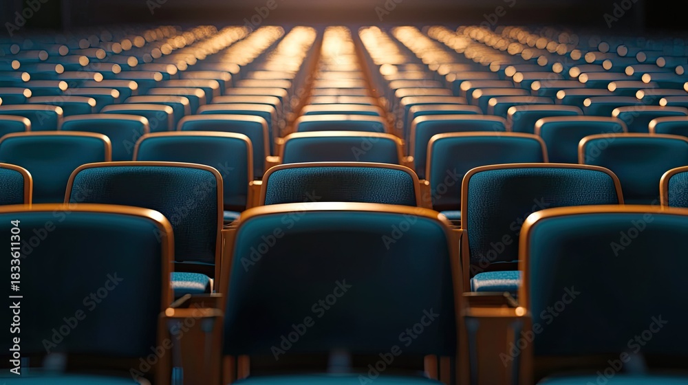 Naklejka premium Empty Rows of Theater Chairs with Soft Lighting at Dusk