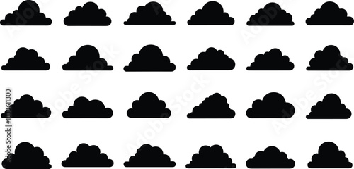 Black cloud silhouettes collection set, cumulus storm or smoke shape, weather element icon pack, simple sky graphic, vector illustration element design isolated on white background