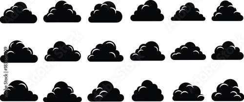 Black cloud silhouettes collection set, cumulus storm or smoke shape, weather element icon pack, simple sky graphic, vector illustration element design isolated on white