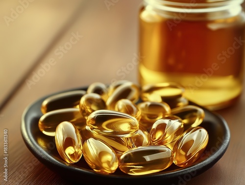Golden fish oil softgels beside open glass jar of yellow liquid, professionally styled with natural light highlighting texture on dark plate against warm wooden background for health product 