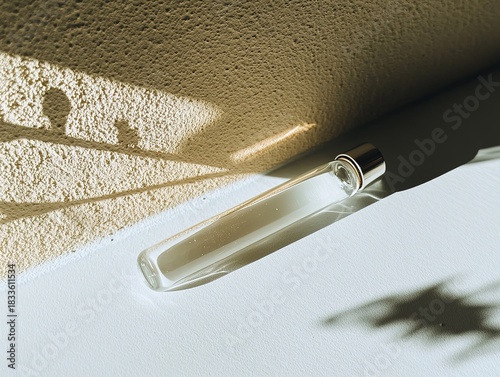 Overhead view of elongated white glass vial with metal cap casting long shadows on a wall in harsh sunlight. High-contrast textures and delicate curves create minimalist aesthetics for graphic design 