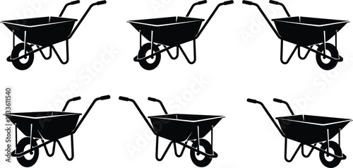 Black wheelbarrow silhouettes collection set, construction site equipment, gardening tool for soil or dirt, farming and landscaping accessory, vector illustration icon pack isolated on white