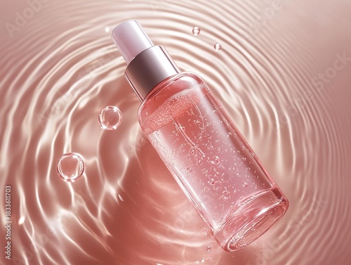 Overhead view of pinkish-white transparent essence bottle on light beige surface with circular water ripples. High-definition product photography with soft lighting and clean background for beauty 