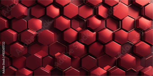 Red hexagon modules arranged in a seamless 3D geometric abstract pattern for modern design.