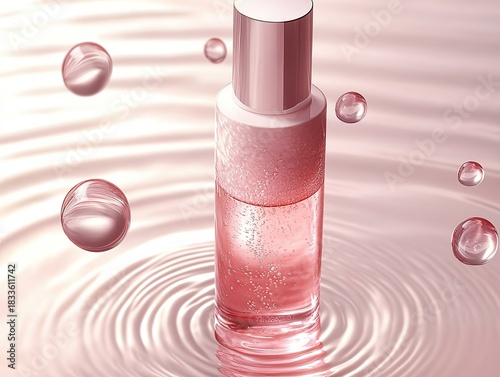 Overhead view of pinkish-white transparent essence bottle on light beige surface with circular water ripples. High-definition product photography with clean background and soft lighting for beauty 