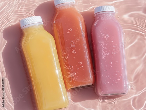 Flat lay of three pastel juice bottles on soft pink water ripples, with gentle sunlight shadows and a light peach to lavender gradient background, embodying clean eating and wellness trends.