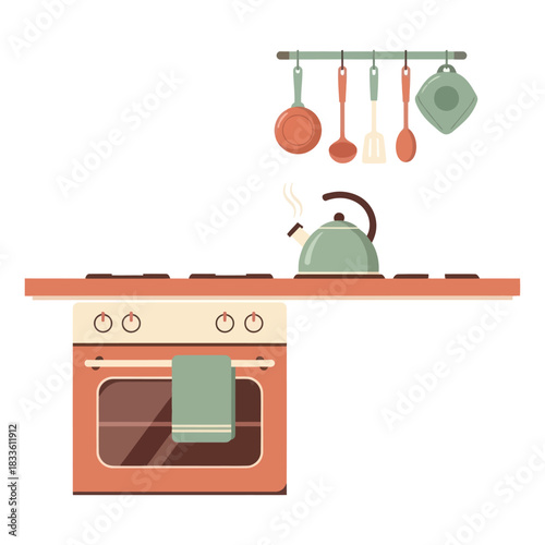 Retro Kitchen Stove with Kettle and Utensils Illustration.
