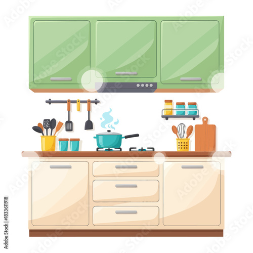 Modern Kitchen Countertop with Cooking Stove and Cabinets.