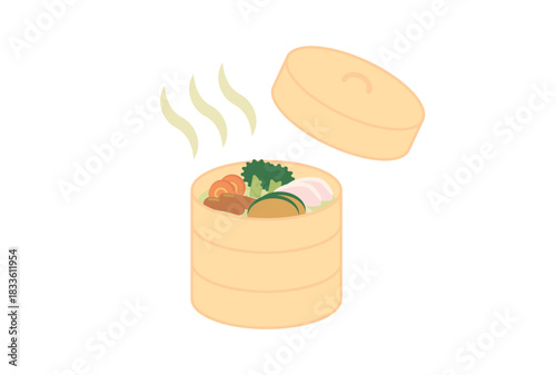 野菜や肉のせいろ蒸し料理のシンプルなイラスト
