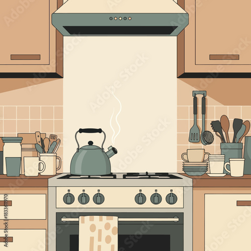 Kitchen stove with kettle and kitchenware, cooking concept, home interior.