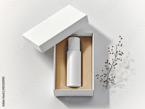 Top-down close-up mockup of white cylindrical perfume bottle inside empty white rectangular box on solid background, hyper-realistic minimalist style for product display and commercial advertising.