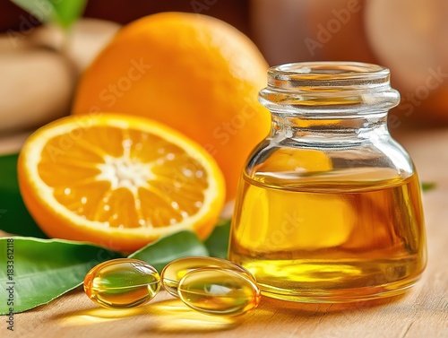 Natural still life of open yellow oil glass bottle and two clear pills with orange slices on wooden surface, accented by green leaves, for supplement advertising and healthy lifestyle themes.