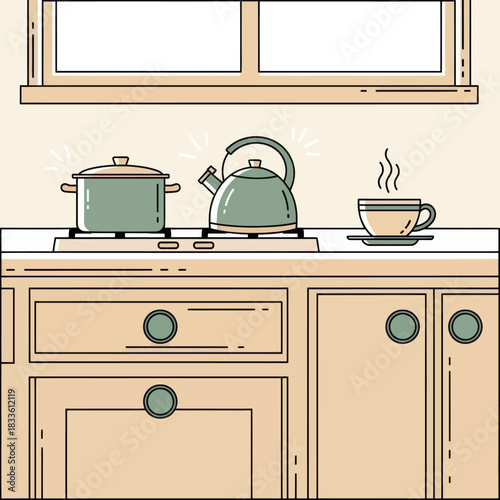 Kitchen Scene with Cookware and Hot Beverage Illustration.