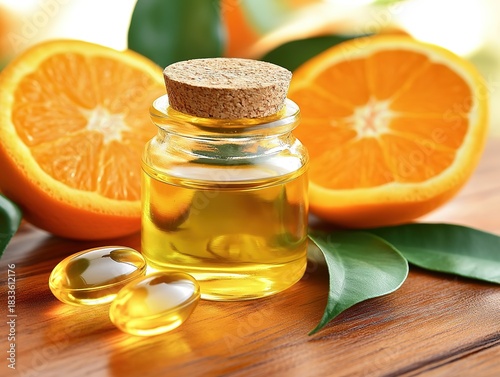 Open glass bottle of yellow oil with transparent pills and sliced oranges on wooden surface, accented by green leaves for natural health concept lifestyle product photography.