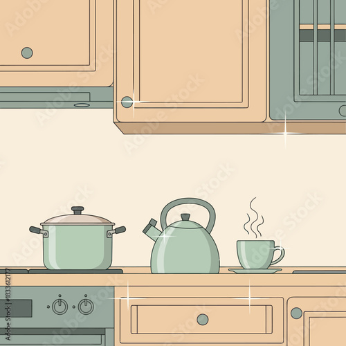 Kitchen scene with cooking pot kettle and steaming cup of tea.