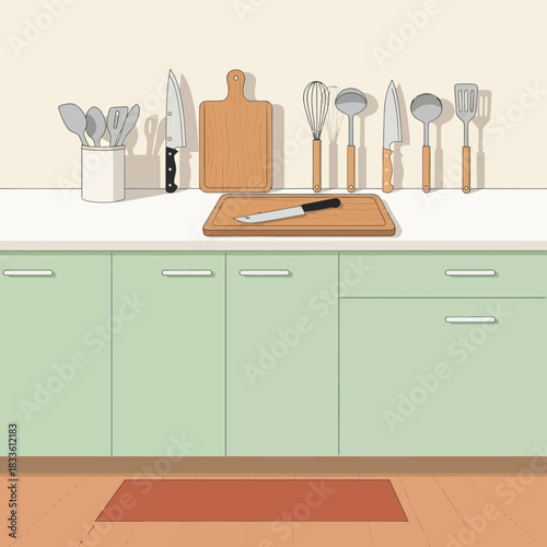 Kitchen counter with various cooking utensils and cutting boards.