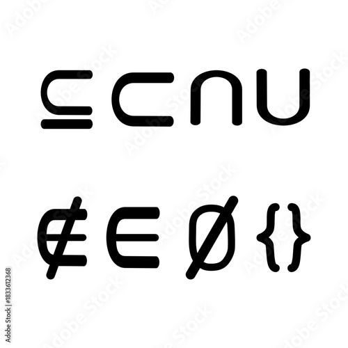 Vector illustration of set theory concepts and symbols, perfect for Venn diagrams, mathematics, education, and logical analysis in presentations or learning apps.