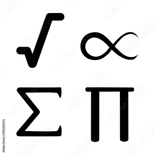 Set of basic algebra symbols including plus, minus, multiply, divide, and equals, designed as clean black vector icons for math, education, and UI use.