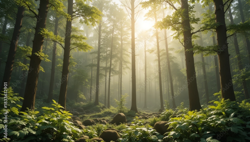 Obraz premium Serene Forest Background with Soft Sunlight and Green Foliage