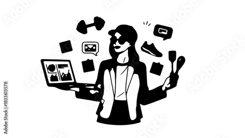 Woman Meditating Online with Laptop in Lotus Position