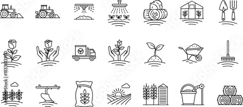 Agriculture Farming and Gardening Line Icons Set, Including Tractor Harvest Tools Seedlings Greenhouse Logistics Elements Isolated.