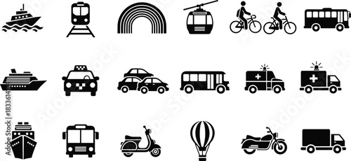 Vector Black White Transportation Icons Set, Including Land Sea Air Public Emergency Vehicles, Travel Logistics Infographic Elements Isolated.