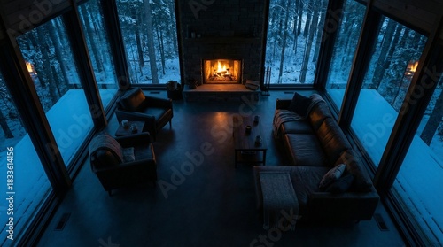 Modern cabin living room interior with fireplace and floor-to-ceiling windows at twilight