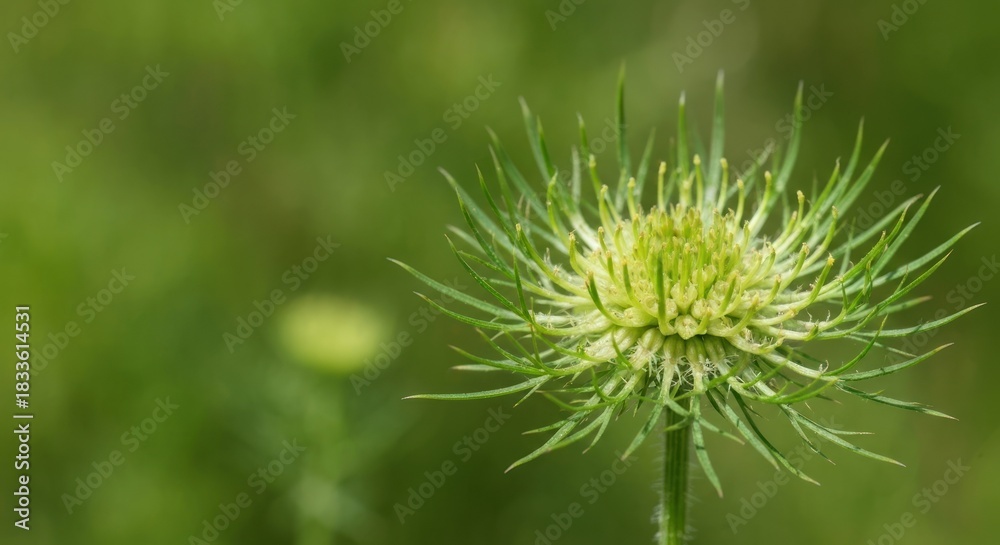 Fototapeta premium Close-up of a delicate, pale yellow flower head with spiky green filaments. Soft green background