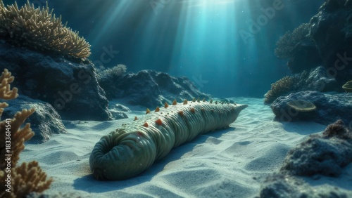 Underwater scene with a sea cucumber