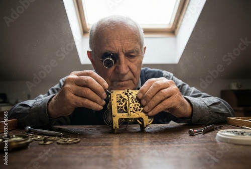 Elderly watchmaker repairing antique timepiece with loupe in dusty workshop