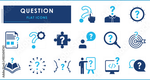 A set of flat icons related to Question. Question mark, what, innovation, notes, books, technology, speech, conversation, reasoning, and so on.