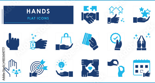 A set of flat icons related to Hands. Hold, give, take, touch, pinch, namaste, show, target, like, innovation, and so on.