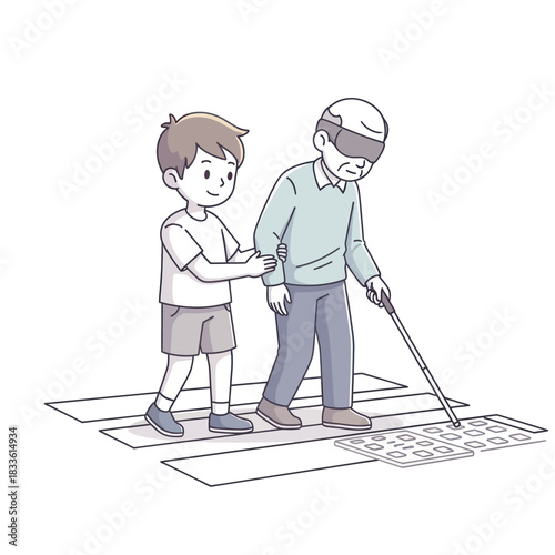 Young boy kindly helps a blind elderly man cross the street at a crosswalk.