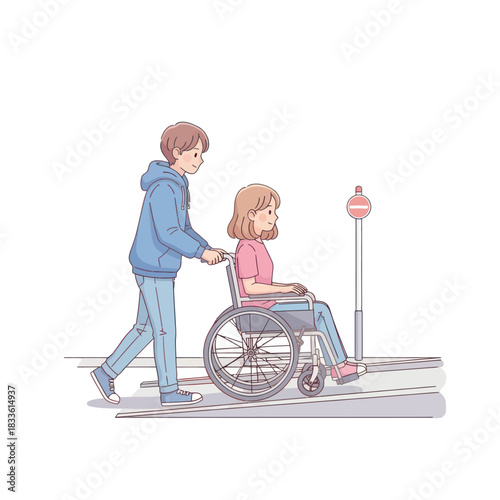 Person Pushing Woman in Wheelchair Up Ramp Illustration.
