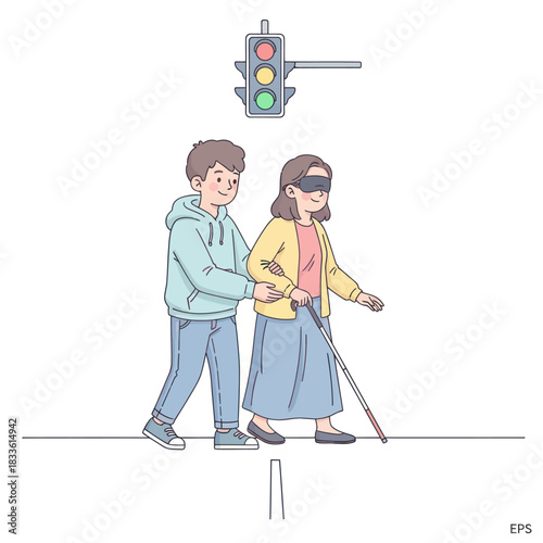 Young man helps blind woman cross street at traffic light.