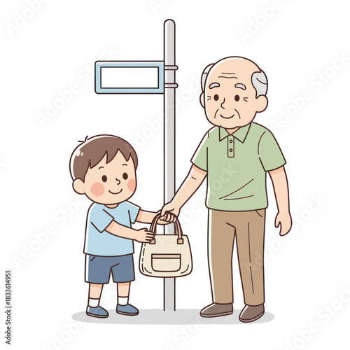 Boy Helping Elderly Man with Bag at Bus Stop.
