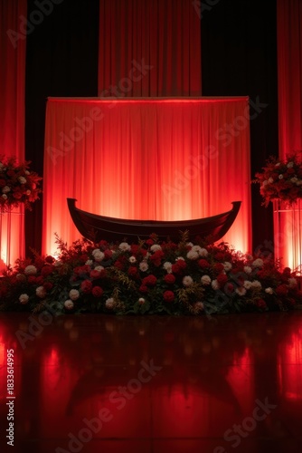 Elegant wedding stage decoration with boat and flowers under red lighting