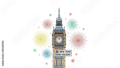 Big Ben Tower with Fireworks Celebrating New Year Bank Holiday.