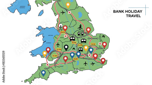 England Bank Holiday Travel Map with Icons.