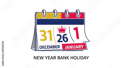 New Year Bank Holiday illustrated with a desk calendar icon.