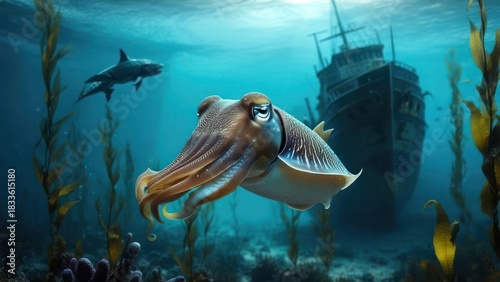 Underwater scene with a squid