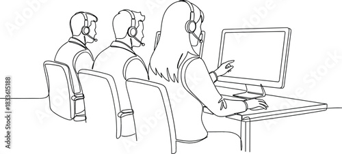 Continuous line drawing of call center agents wearing headsets and sitting at computers, representing customer service, support, and telemarketing vector