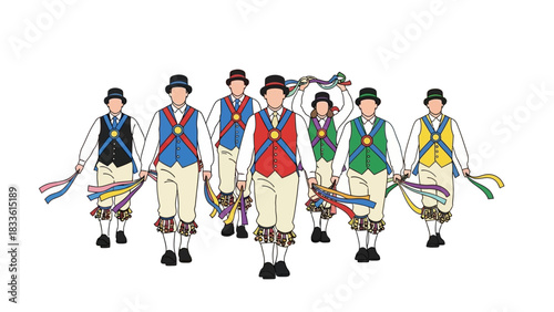Group of English Morris Dancers Performing Traditional Dance.