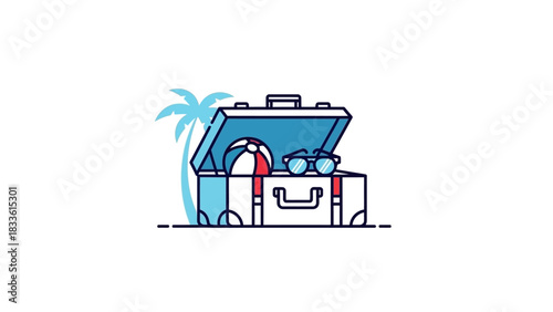 Open Suitcase Packed for Vacation with Beach Ball and Sunglasses.