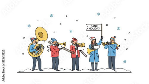 Winter Holiday Band Performing Music Outdoors in Snowfall.