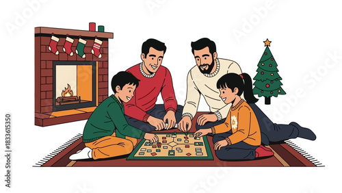 Two fathers and their children enjoying a fun family board game together.